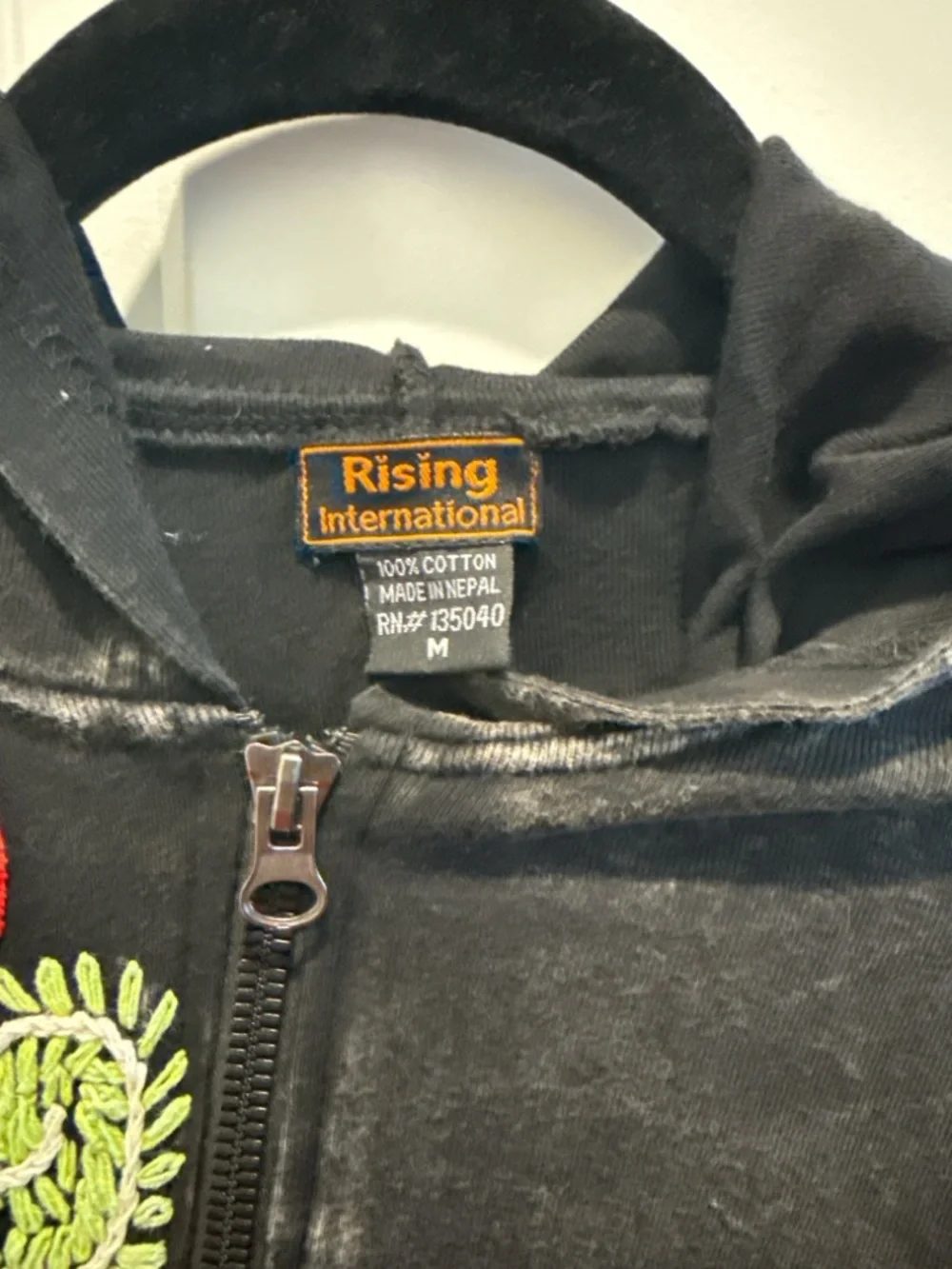 Rising International Black Hooded Zip-Up Coat with Multicolor Embroidery - Picture 3 of 3